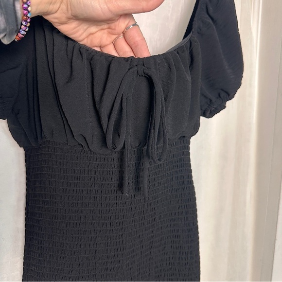 Love Stitch Black Dress Smocked Puff Sleeve Babydoll Mini Dress w/ Ruffle Hem - Picture 8 of 16